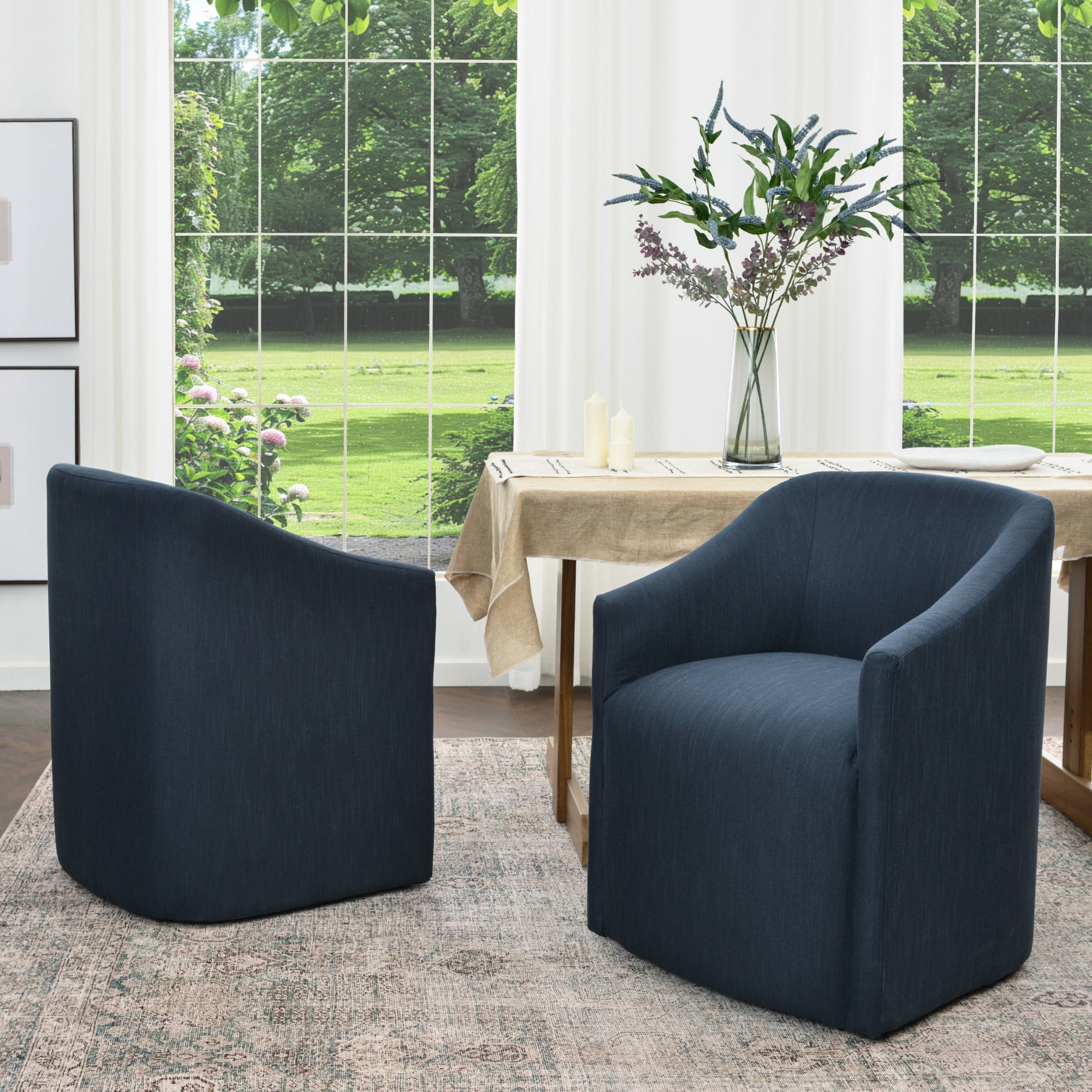 KINWELL 25" Wide Upholstered Dining Chairs with Casters Set of 2, No Assembly Modern Performance Fabric Barrel Back Rolling Dining Armchair for Kitchen Dining Room (Indigo)