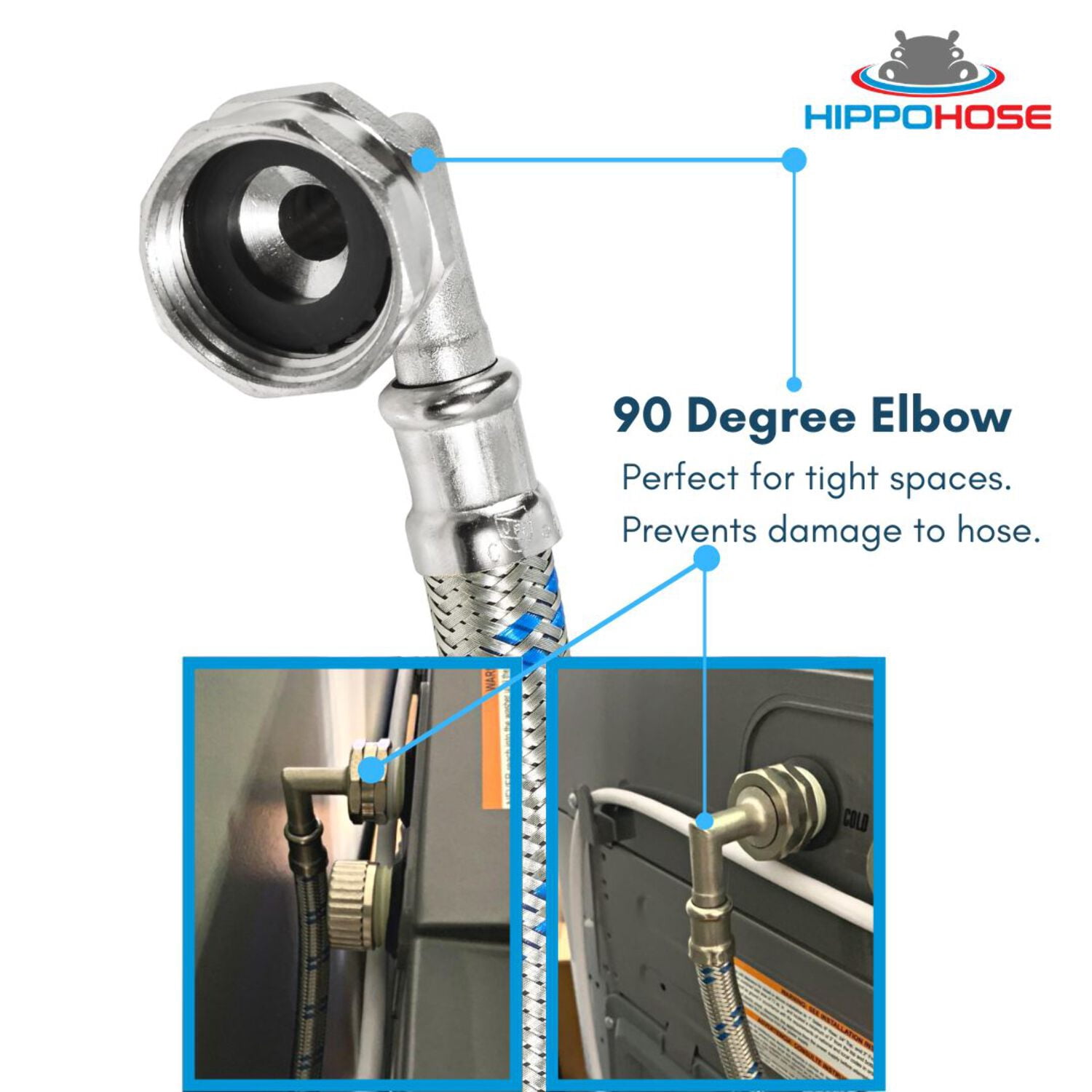 Washing Machine Hoses (4FT) - 90° Elbow - OCTAGON Connections for Secure Tightening - Universal Fit to All Wash Machines - (2 Pack) Braided Stainless Steel - Burst Proof Washer Water Supply Line