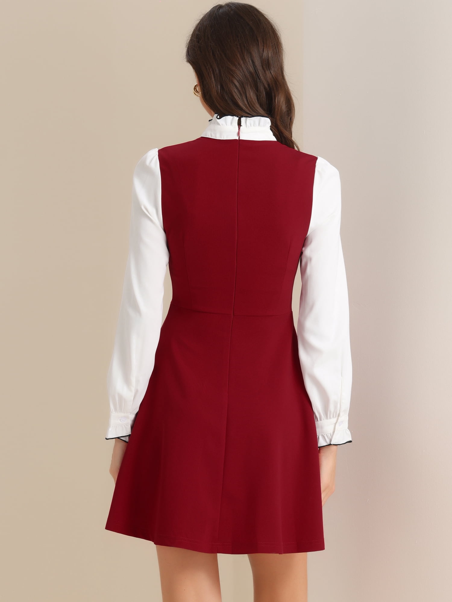 DARING DIVA Contrast Tie Neck Long Sleeve Elegant A-Line Dress XS Red