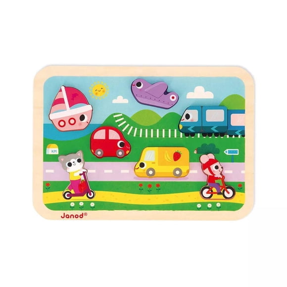 Janod - Chunky Puzzle Vehicules - 7 Animal Pieces - Wood - Early-Learning - Fine Motor Skills - For Toddlers - From 18 Months + - Multilingual - J07124