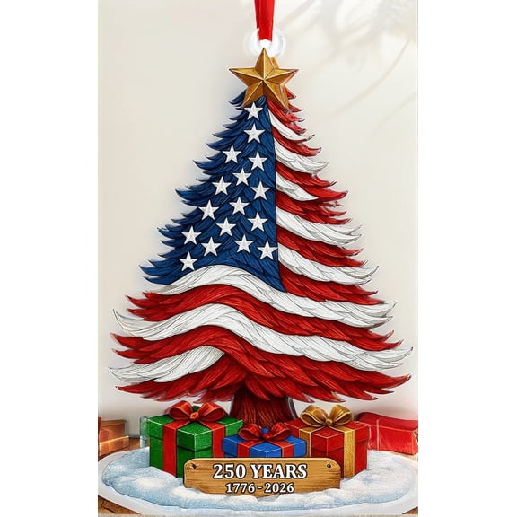 2D Acrylic Christmas Tree Ornament - 250th Anniversary USA Patriotic Design, American Flag Decor, Gift for Collectors & US Celebration