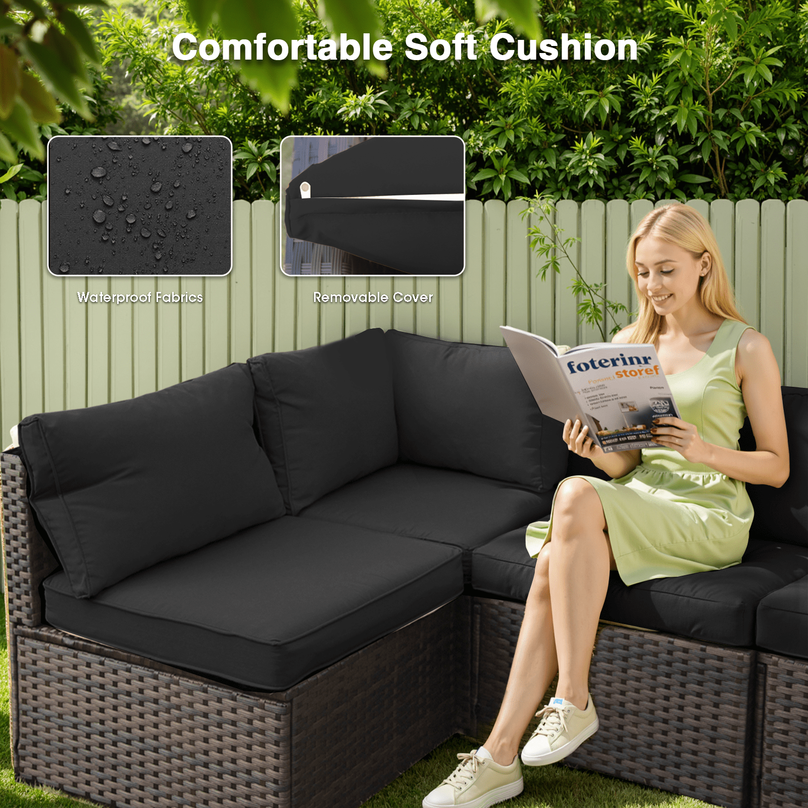 Gaildon 5 Piece Patio Furniture Set with Fire Pit Table, All Weather Outdoor Sectional PE Rattan, Patio Conversation Sets with Cushions and Glass Coffee Table for Garden Lawn Balcony Porch Deck,Black
