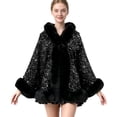 thumbnail image 2 of Puyaiuu Women Winter Fleece Lined Sequin Cape Shawl Faux Fur Trim Warm Cloak Outerwear Wrap Cardigan Silver Free Size Gift, 2 of 8