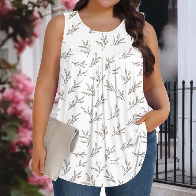 XUNKUSGA Débardeurs Grande Taille pour Femmes Été Sans Manches Tunique Col Rond Décontracté T-Shirts Amples pour Femmes Mode Été Tunique Plissée Florale Blouses, TG, Blanc