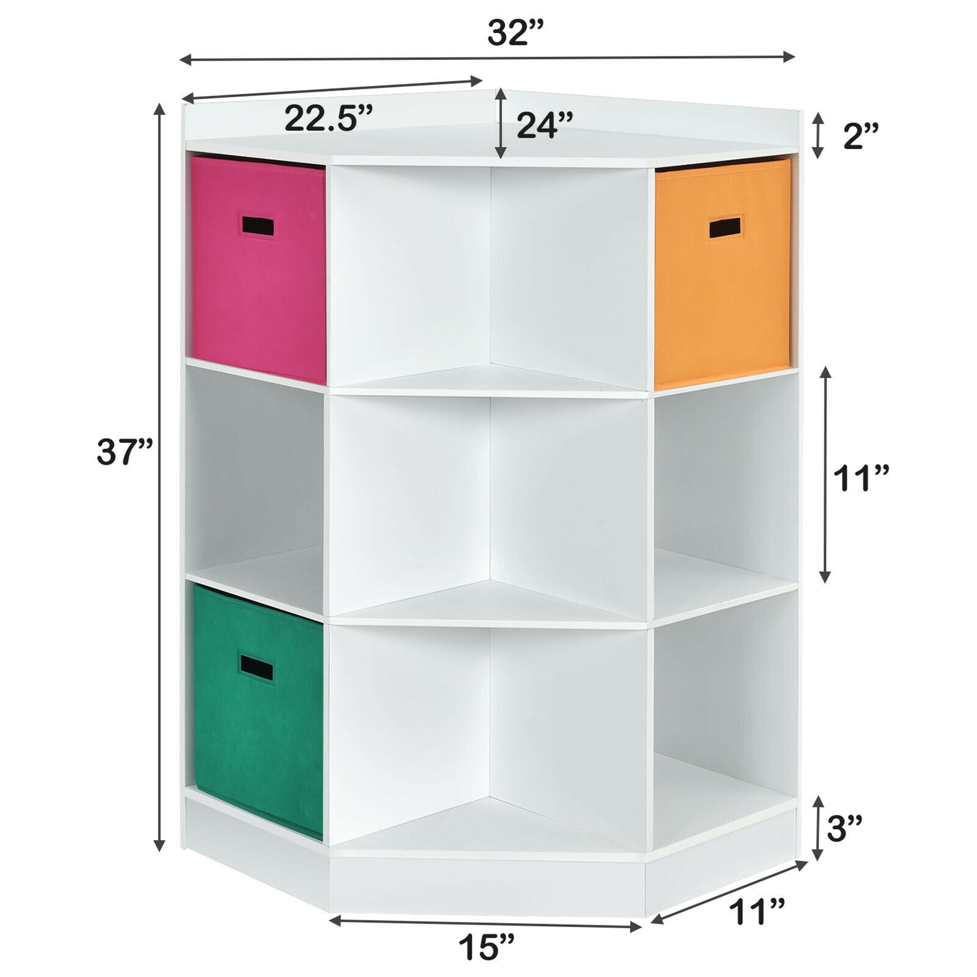 Gymax 3-Tier Kids Storage Shelf Cubes White w/3 Baskets Corner Cabinet Organizer