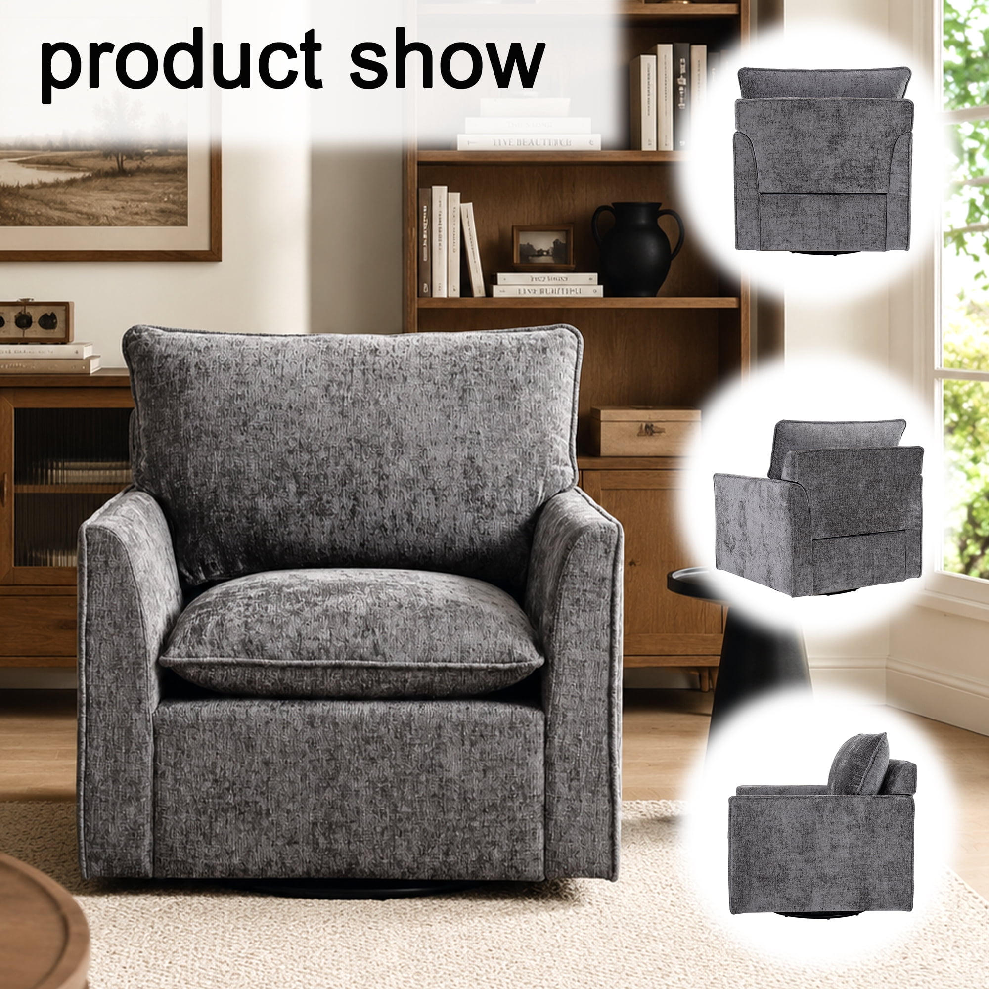 MOONMISS Chenille Swivel Accent Chair,Single Square Sofa Armchairs,Upholstered Club Chairs for Living Room,Grey