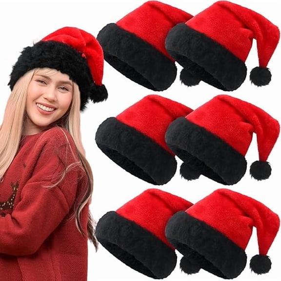 Christmas Hats for Adults Plush Red Black Santa Hat Xmas Fluffy Santa Claus Hat for Women Men,6 Pcs