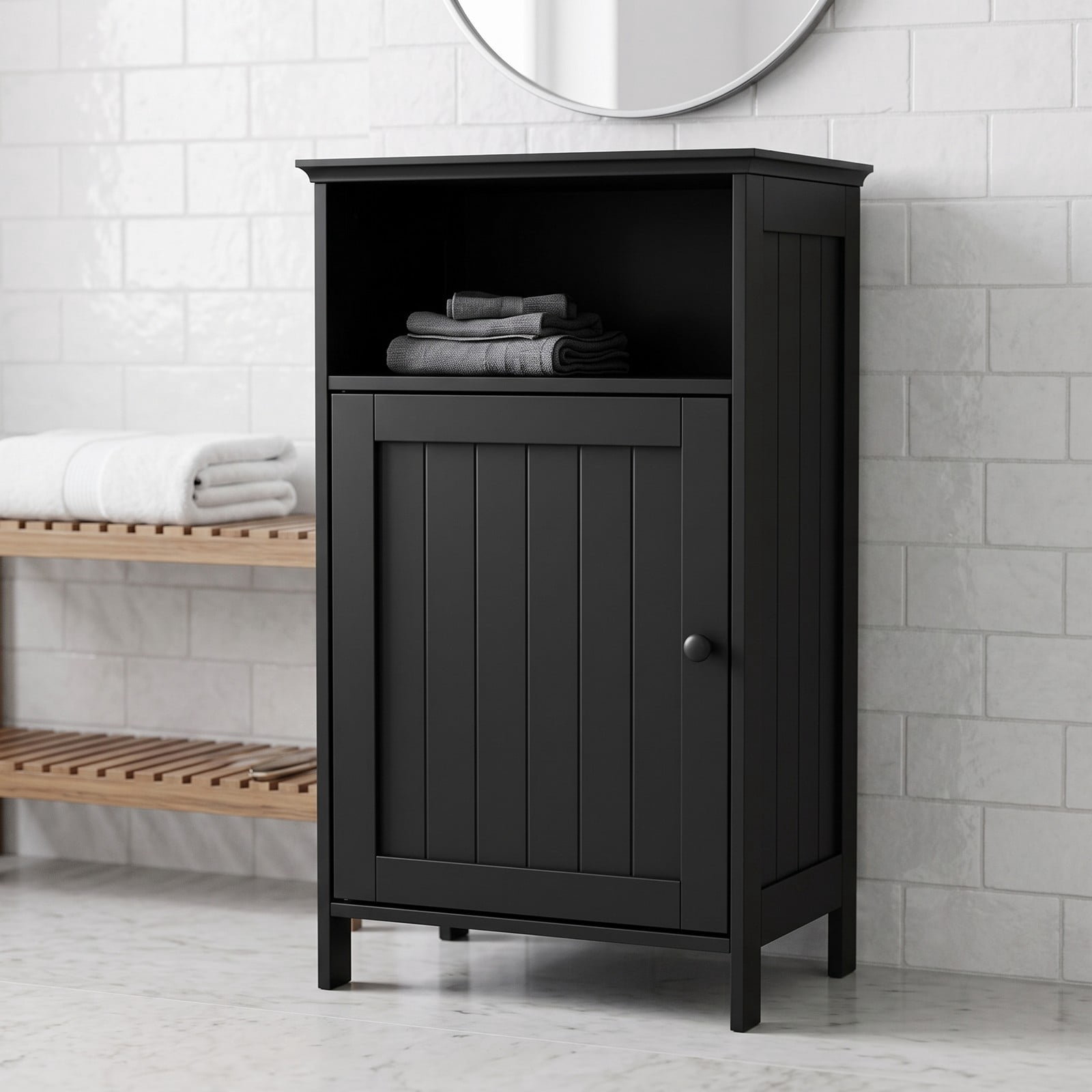 Fenbeli Bathroom Freestanding Floor Storage Cabinet with Adjustable Shelf and Open Cube, Waterproof MDF Side Organizer for Bathroom Living Room Bedroom Entryway, Black