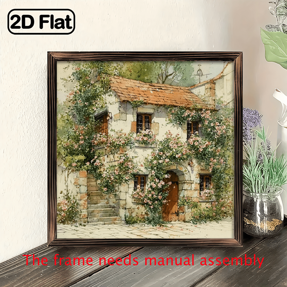 2D Flat 1pc Rustic Farmhouse Cottage Style Wood Framed Wall Decor - Vintage Cottage with Botanical Spring Plants Pictures Frame - Wood Grain Picture Frame Suitable for Home Kitchen Office Cafe