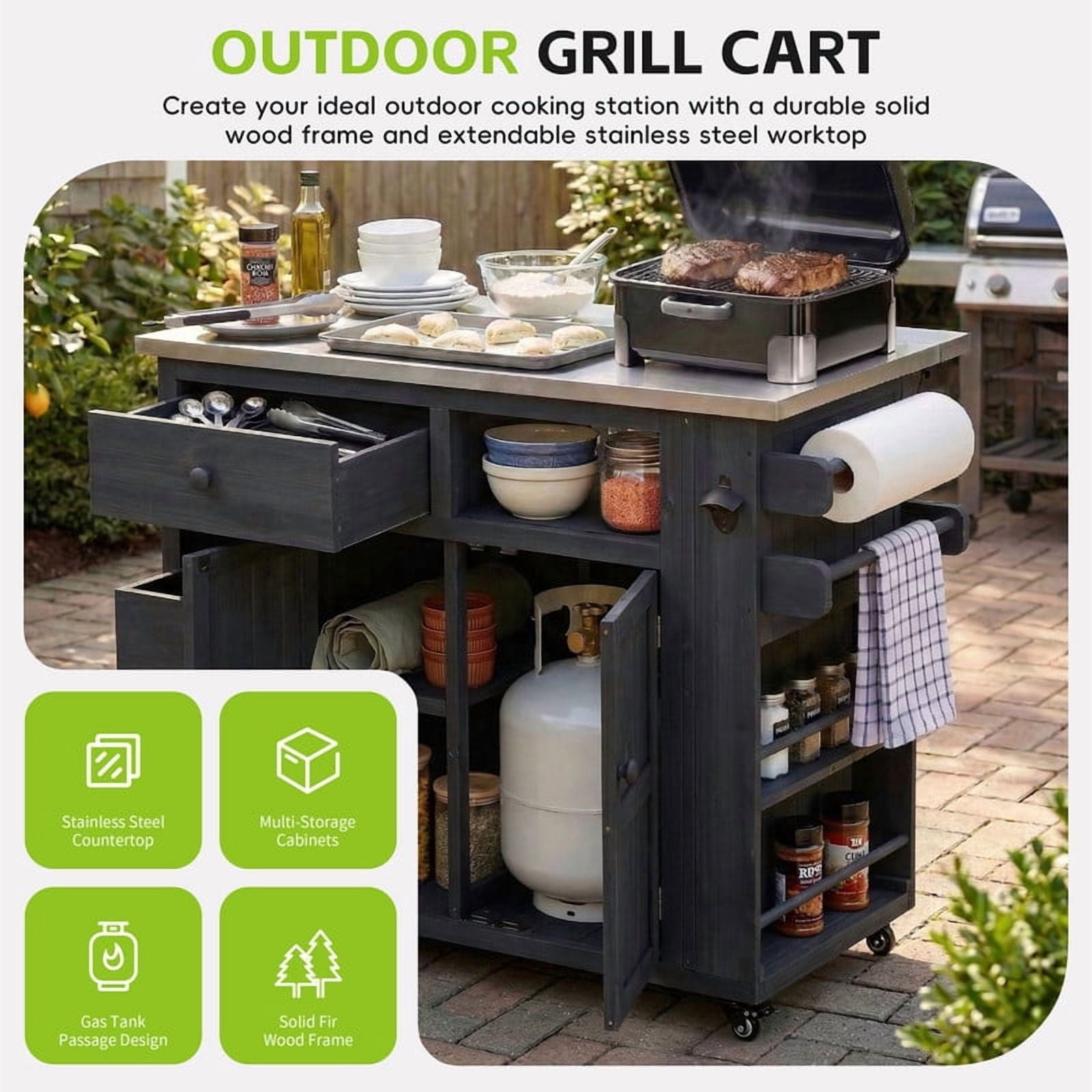 Outdoor Solid Wood Kitchen Island, Extendable Stainless Steel Top Grill Table with Drop Leaf, Storage Kitchen Cart