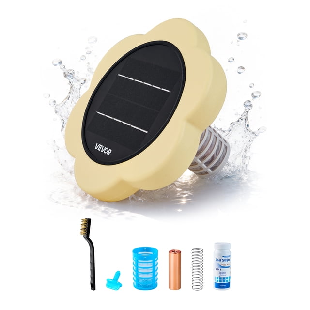 VEVOR Solar Pool Ionizer, Petal Copper Pool Ionizer Up to 45000 Gal, Floating Automatic Water Cleaner and Purifier, Chlorine Free Water, with Copper Anode, Spring, Brush and Filter for Pools & Spas