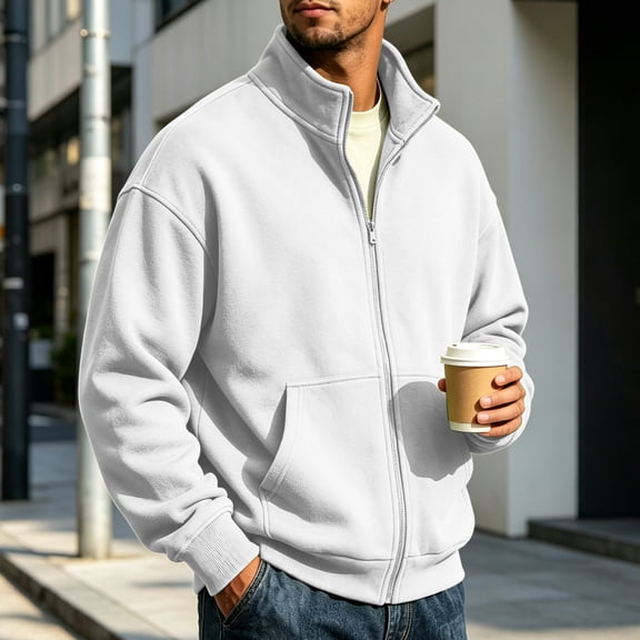 Vxararl Zip Up Jacket Long Sleeve Fleece Sweatshirt Men Lightweight Fleece Full Zip no Hood Athletic Jacket Versatile - Business, Fall, Winter, Spring Jacket Full Zip Fleece Jacket Men White 2xL