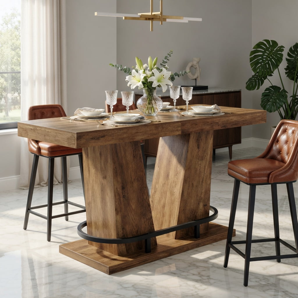 Hommoo 63-inch Rectangle Counter Height Bar Table for 4-6 People, Industrial Wood Grain & Metal Pub Table with Footrest, Sturdy Kitchen Island or Dining Table, Brown