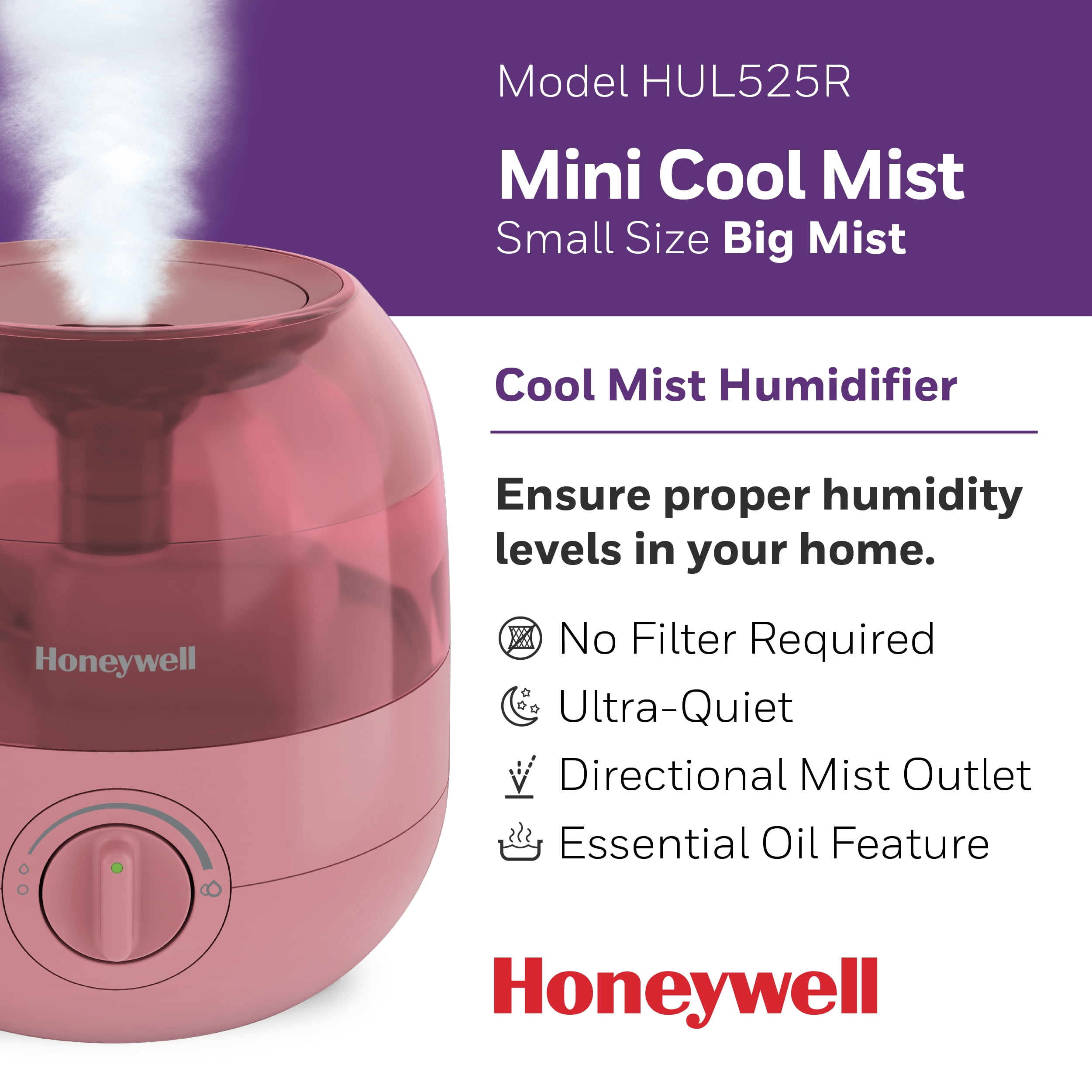 Honeywell Mini Mist Cool Mist Humidifier, HUL525R, Red