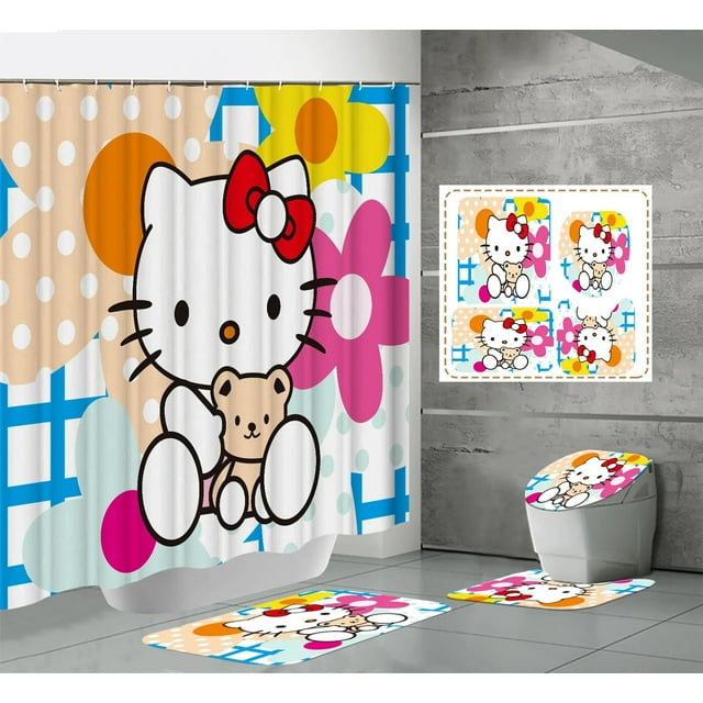Rideau de Douche Kawaii Hello Kitty Ensemble Quatre Pièces Kit Anime Sanrio Impression Rideau de Douche Tapis Coussinet en U Imperméable Neuf LS