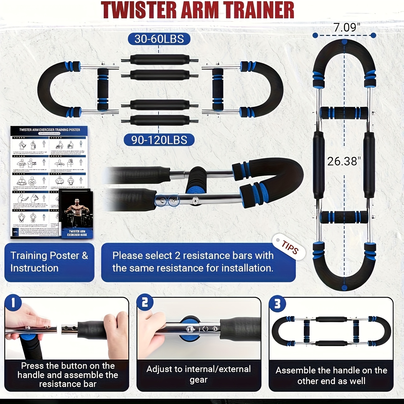 Arm Trainer, 90-120lb Adjustable Chest Workout Equipment, Arm Trainer,Arm Strength Trainer,Portable Power Twis