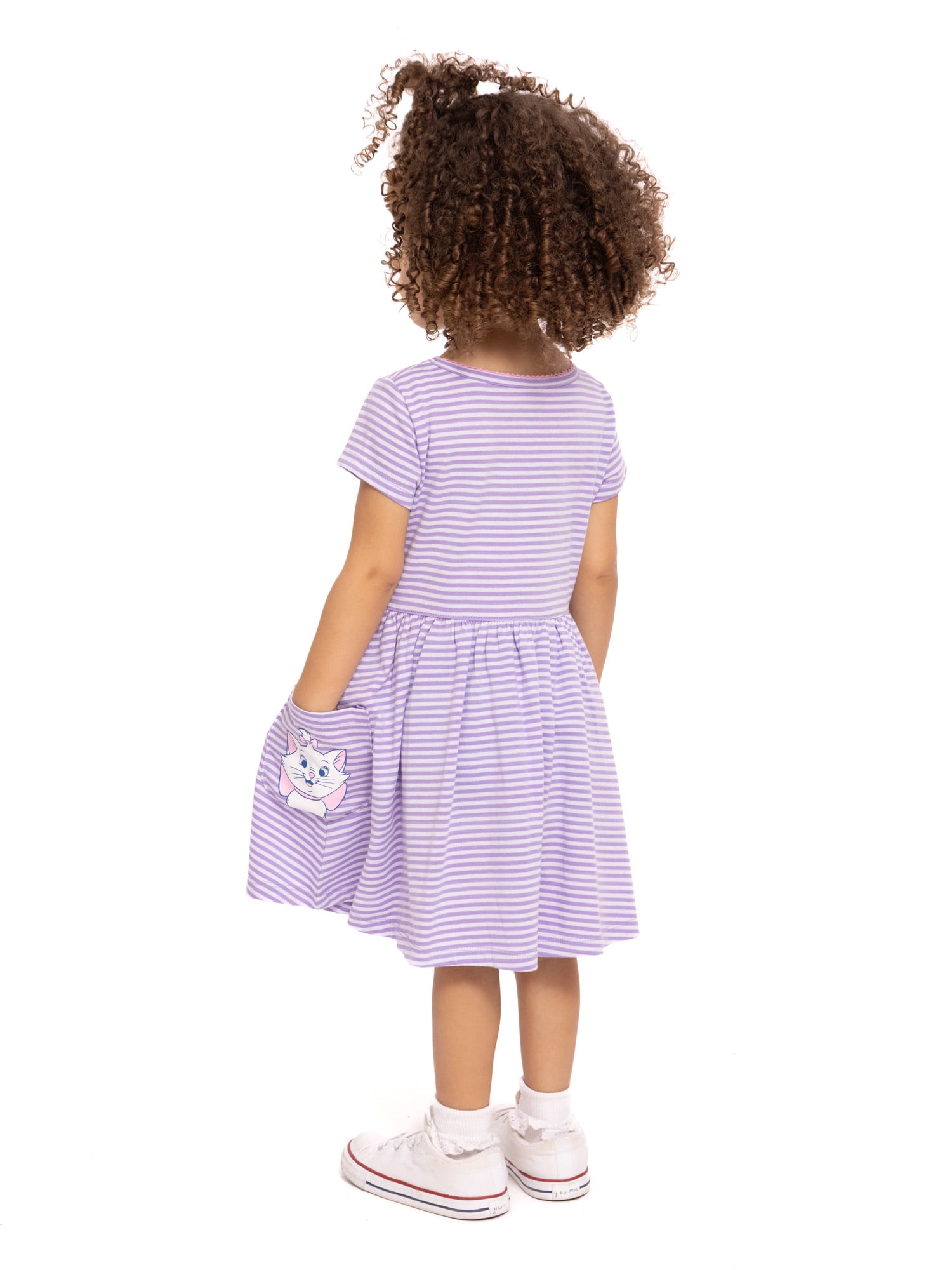 Disney Classics Marie Toddler Girl Short Sleeve Striped Dress with Graphic Pockets, Sizes 12M-5T