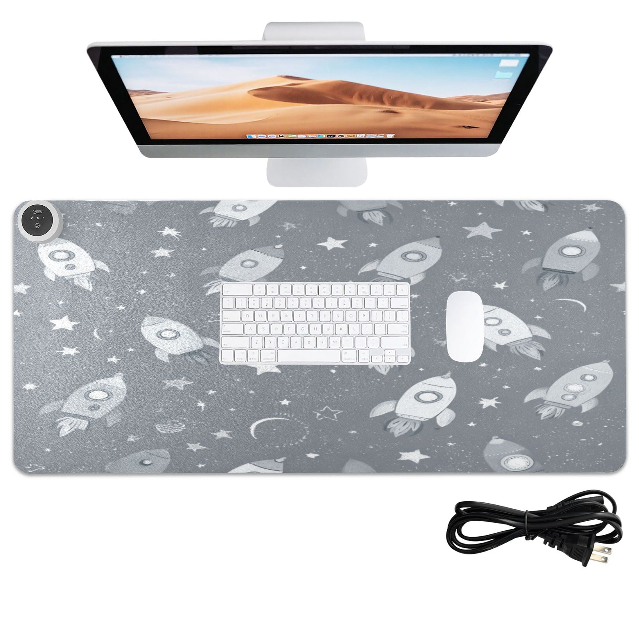 Large Heated Desk Mat Mouse Pad 31.5"x13"PU Leather Graphene Heating Desk Warmer with 3 Temperature Settings 110V US Plug Non-Slip Warm Pad for Home, Office, and Gaming Grey Space Rocket Print