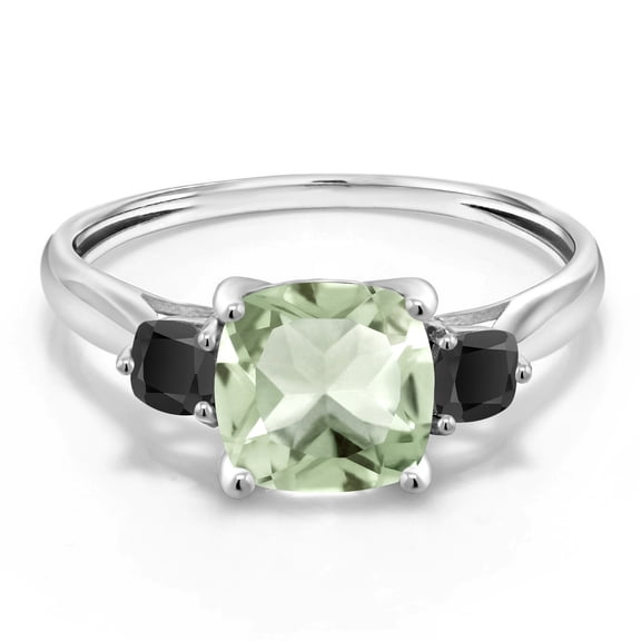 Gem Stone King 10K White Gold Green Prasiolite and Black Onyx 3 Stone Engagement Ring for Women (1.66 Cttw, Cushion 7MM, Gemstone Birthstone, Size 9)