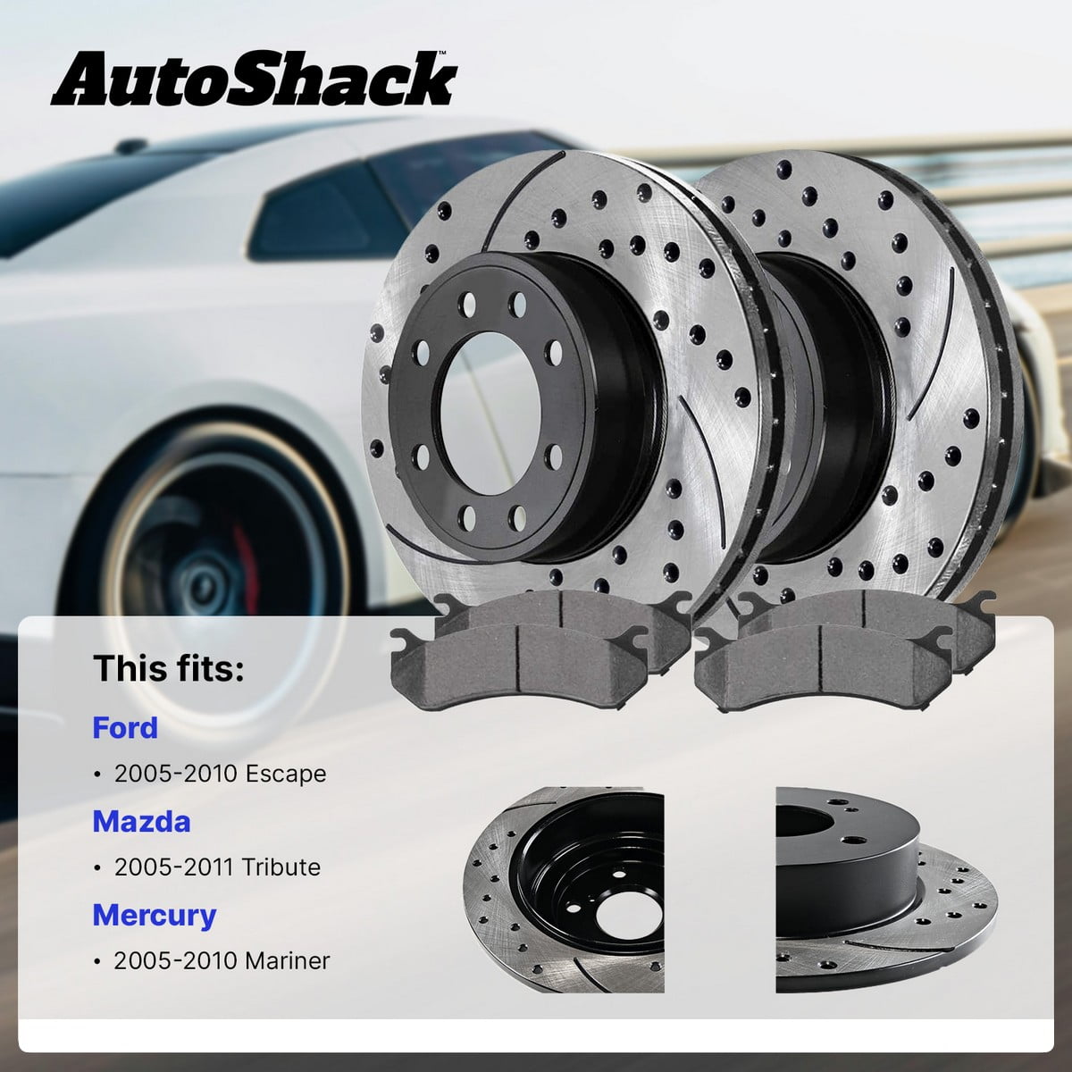 AutoShack Front Brake Rotors & Ceramic Pads for Ford & Mercury, Escape 2005-2010 Mariner 2005-2010, 4WD FWD L4 2.3L 2.5L V6 3.0L - E-Coated Drilled & Slotted - ShadowGuard - 11.93" (303 mm), 5-Lug