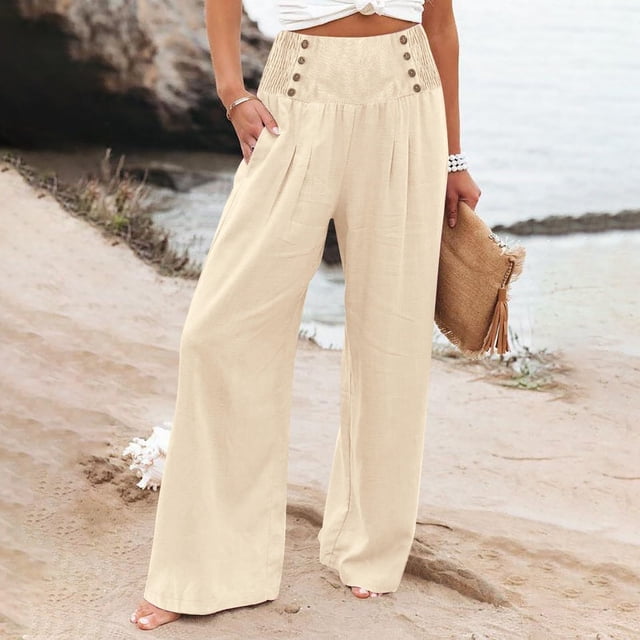 WILLBEST Pantalones Casuales de Mujer, de Pierna Ancha, Estilo Palazzo de Verano, de Cintura Alta, Holgados, para Playa, con Bolsillo, Cómodos y a La Moda. Extra Grande