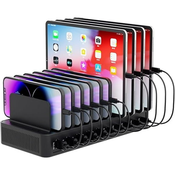 60W Charging Station for Multiple Devices, 10-Port USB Fast Charging Station with Adjustable Dividers - Device Organizer Charging Dock for iPhone, Android, iPad, Tablets & More