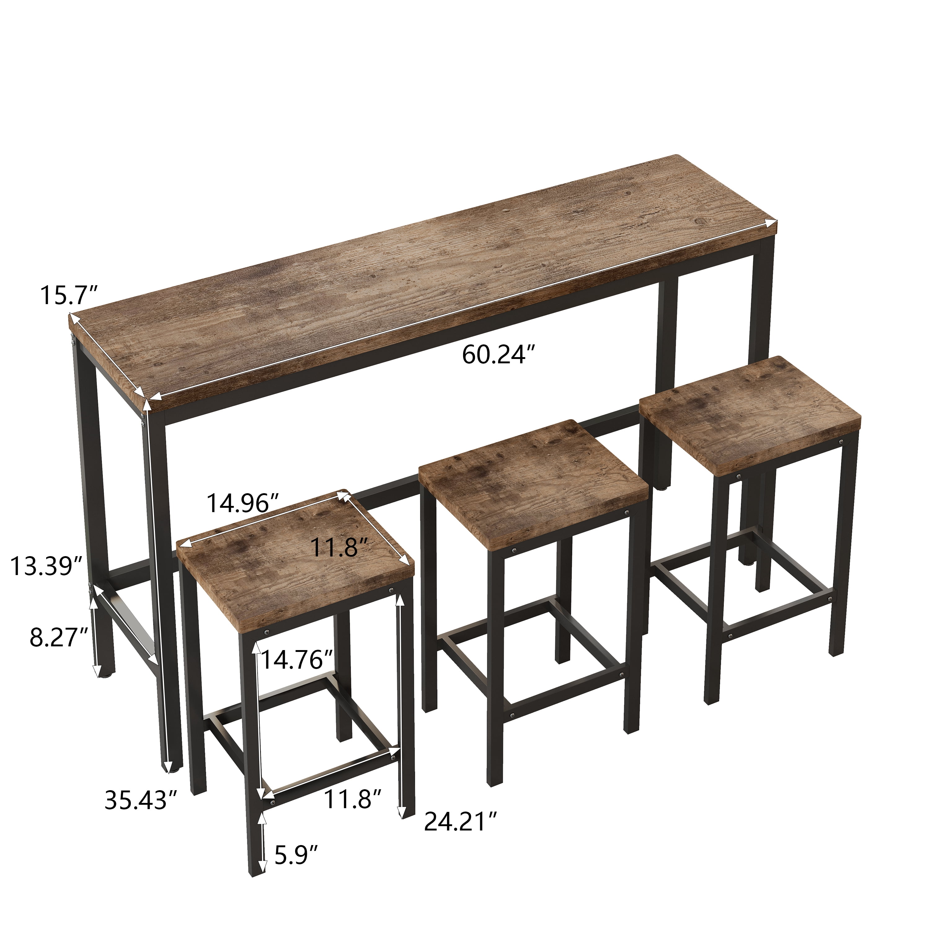 BSHTI 60.24" MDF Dining Room Table Set with Metal Frame, 3 Stools, Space-Saving Design for Kitchen Dining Room(Natural)