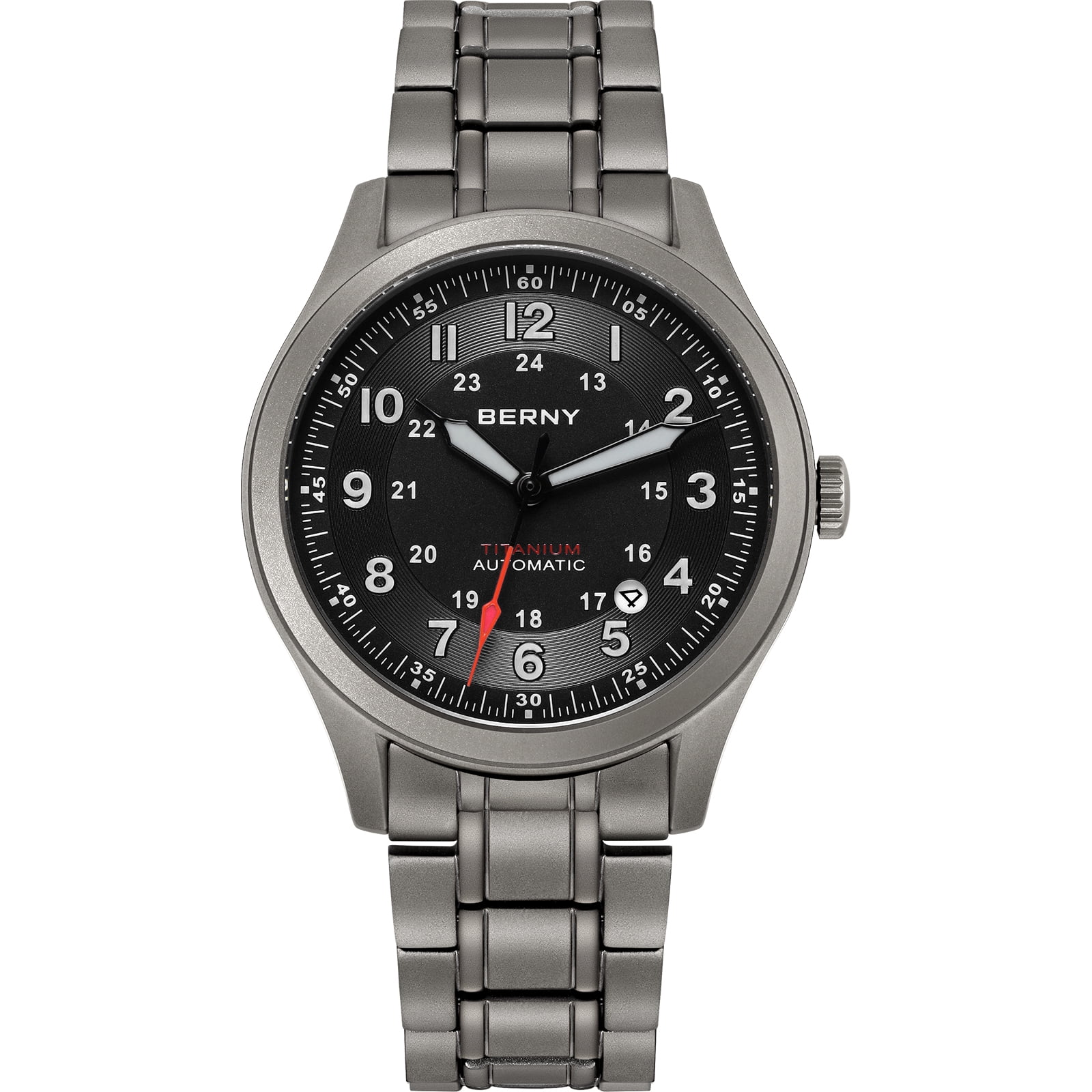 BERNY Automatic Watches for Men Military Sport Titanium Field Watch with Date Sapphire Crystal Luminous Fashion Analog Mechanical Watch 100M Waterproof Army Tactical Casual Wristwatch (Black)