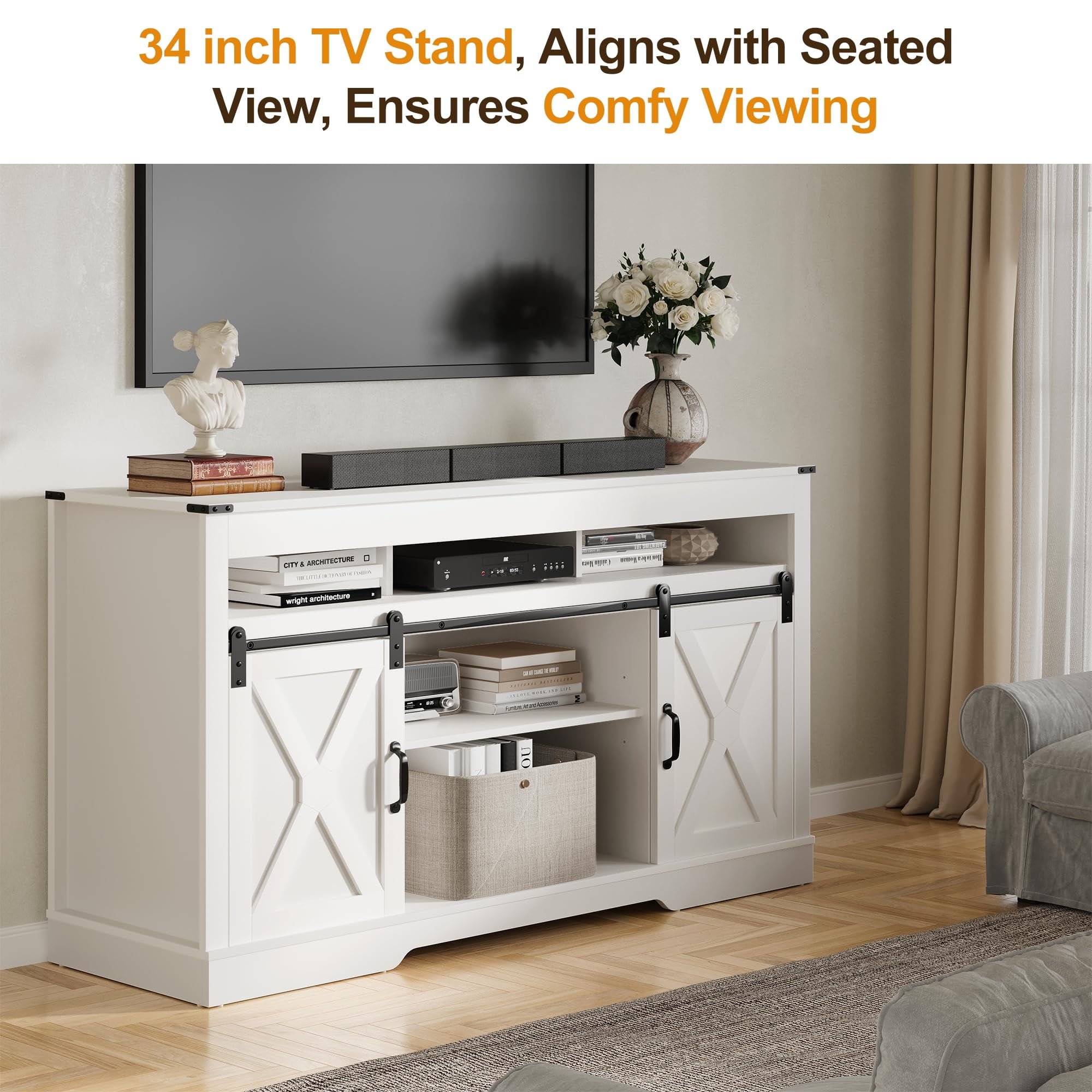 Heynemo TV Stand for 65+ Inch TV, Farmhouse 34'' Tall Entertainment Center for 23" Fireplace, Rustic TV Console with Sliding Bar Door for Living Room (White)