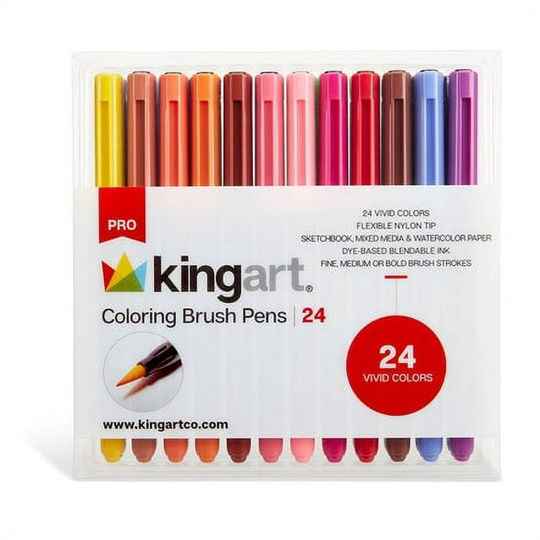 Kingart Pro, Coloring Brush Pen Watercolor Markers, 24 Vivid Colors with  Blendable Ink, For adults and kids 