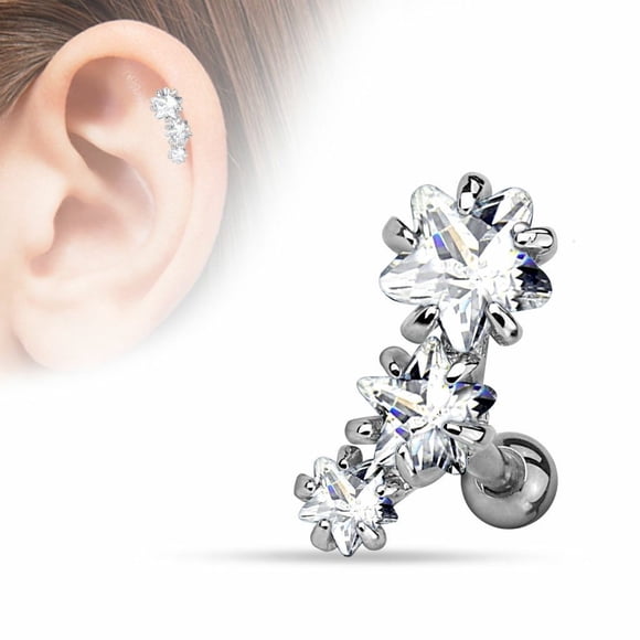 Cartilage Tragus Piercing Bar - Triple Star CZ Prong-Set - 316L Surgical Steel