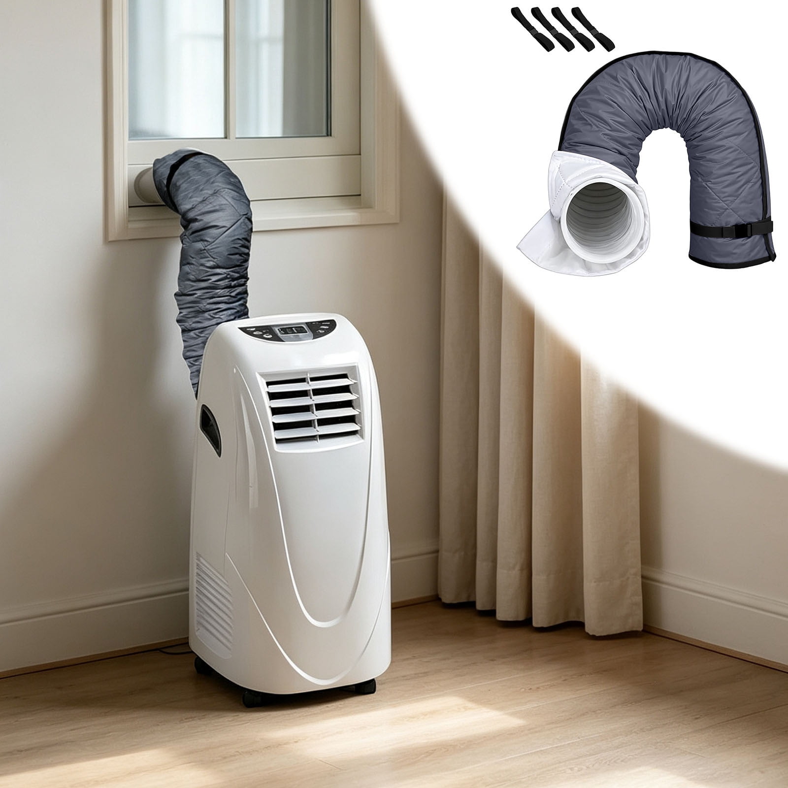 Insulated Flexible Mobile Air Conditioner Exhaust Pipe Adjustable Corrugated Vent Hose With Fixing Straps For Indoor Portable Cooling Unit Gadget