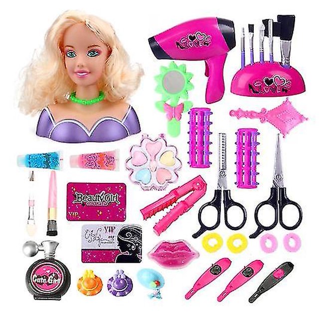 Cabeza de muñeca Barbie para juguetes de peinado, cabeza de muñeca con secador de pelo, espejo, cepillo cosmético, kit de juguetes de peluquería y juguetes de maquillaje para niñas pequeñas