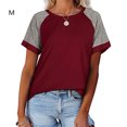 thumbnail image 2 of T-Shirt Femme à Blocs de Couleur, Manches Courtes, Col Rond, Blouse Décontractée, Rouge Vin, m, 2 of 6