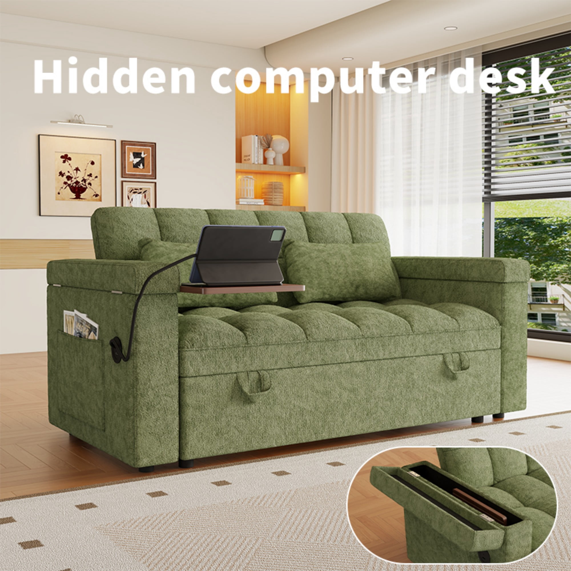 DEALTOPS 65" Chenille 3-in-1 Pull Out Sleeper Sofa Bed, Loveseat Couch with Tray Table & USB, Green