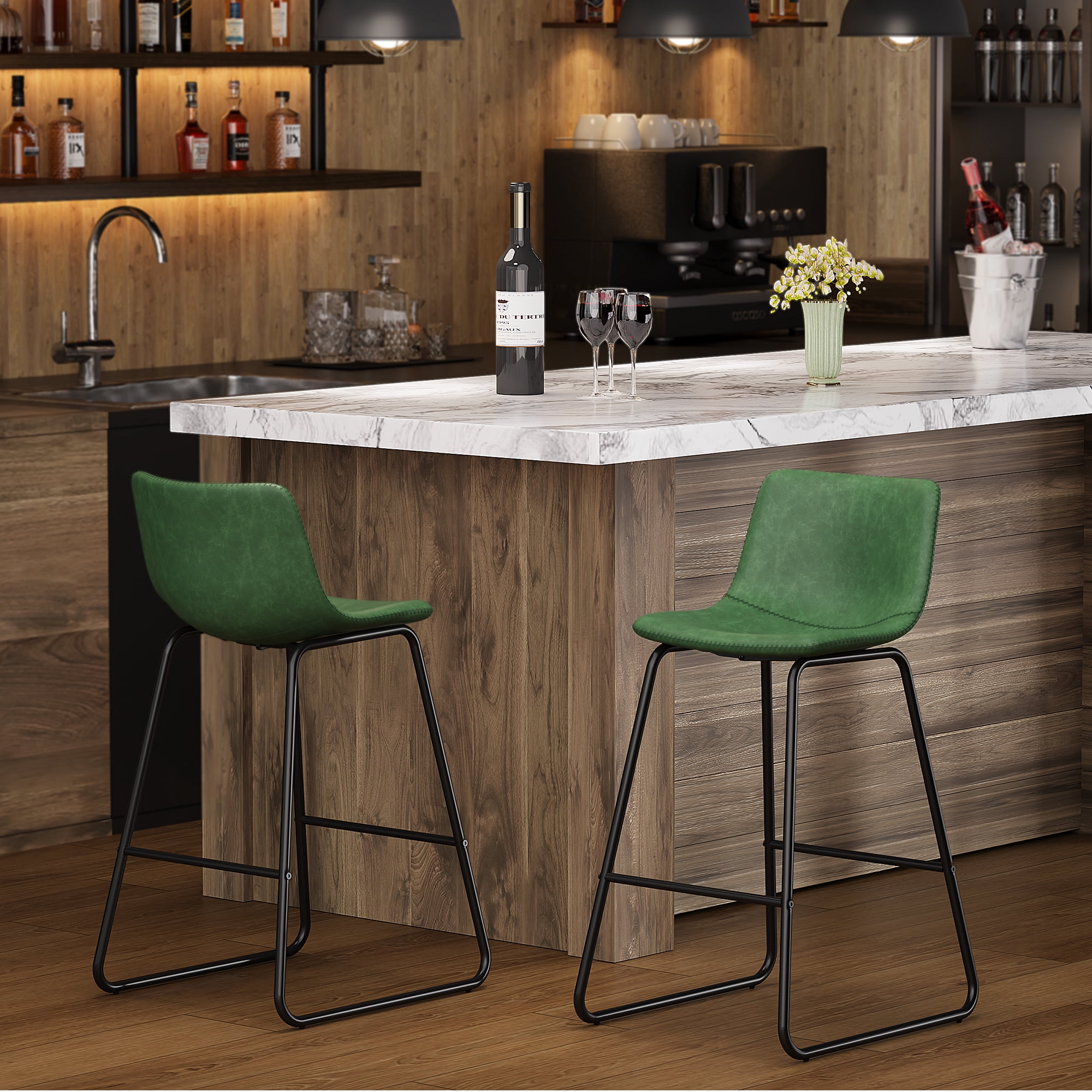 Aufeile 26" Counter Height Bar Stools Set of 3 – Modern Faux Leather Barstools with Back & Metal Legs, Kitchen Bar Chairs for Island, Dining Room, Green