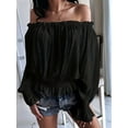 thumbnail image 4 of Elegant Off Shoulder Tops for Women Long Sleeve Ruffle Smocked Waist Casual Party Shirts Plus Size Blouses Black XL, 4 of 5