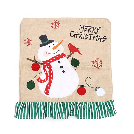 Trayknick Christmas Chair Cover Santa Claus Snowman Print Striped Hem Removable Reusable Washable Scene Layout Burlap Xmas Home Dining Chair Back Slipcover for Kitchen