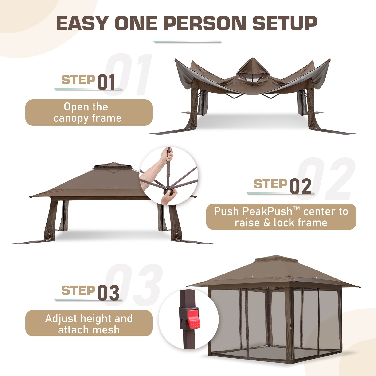 EAGLE PEAK 13x13 Pop Up Gazebo with Mesh Netting, Easy Up Screened Canopy for Patio and Backyard (Brown)