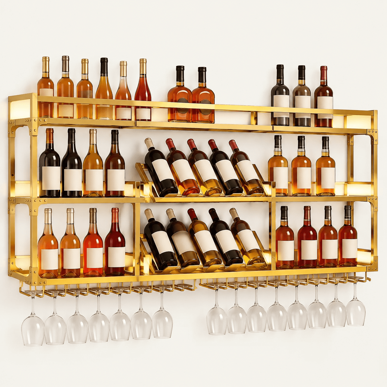 Wall Mounted Wine Rack Floating Industrial Liquor Glass Holder 3 Tiers Large Metal Wine Bottle Display Rack Hanging Shelf for Home Bar Dining Room Decorative