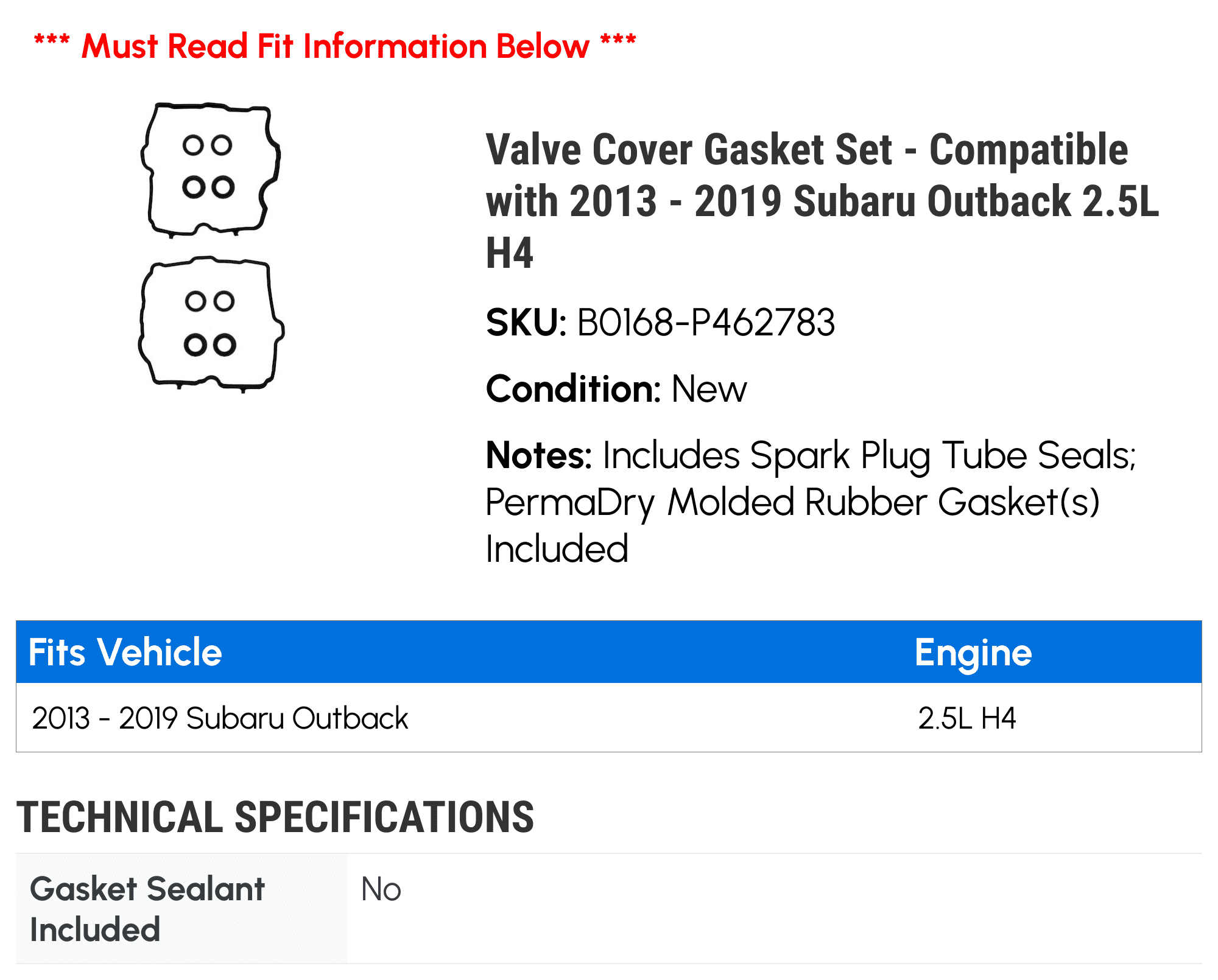 Valve Cover Gasket Set - Compatible with 2013 - 2019 Subaru Outback 2.5L H4 2014 2015 2016 2017 2018