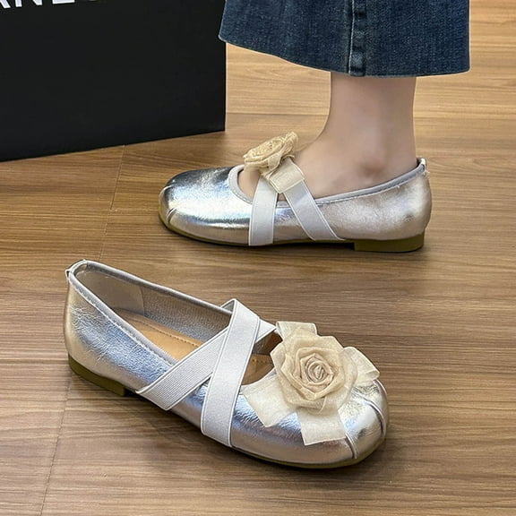 CPNG Women's Low Heel Ballet Flats Shoes Suede Cross Strap Flower Comfortable Slip on Round Toe Flat Casual Mary Jane Wedding Party Dress Shoes Dressy Shoes