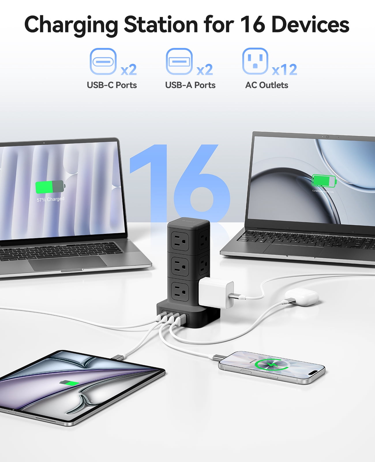 ORICO Power Strip Tower with Multiple Outlets, Tower Extension Cord with 12 AC Outlets 4 USB Ports (2 USB C), Space Saving Design, 5FT Cord Power Tower for Home, Office, Dorm - TPP20 (Black)