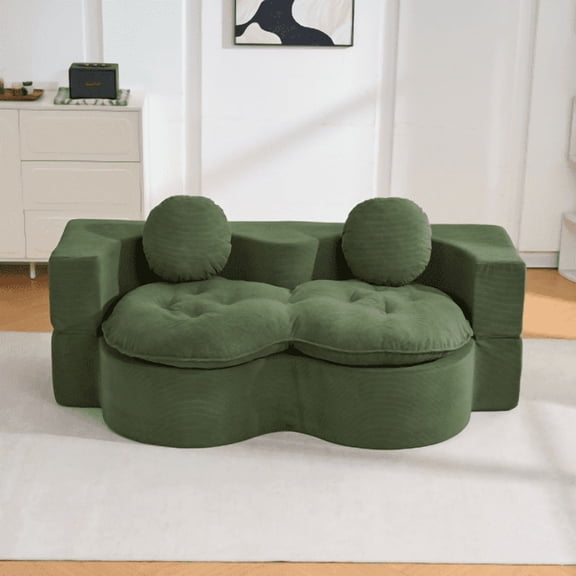 Convertible Sleeper Sofa, Modern Folding Futon Corduroy Floor Foam Compression Loveseat Sofa Bed Couch, Foldable Full Size Guest Bed with 2 Pillows for Living Room Bedroom Apartment, Green