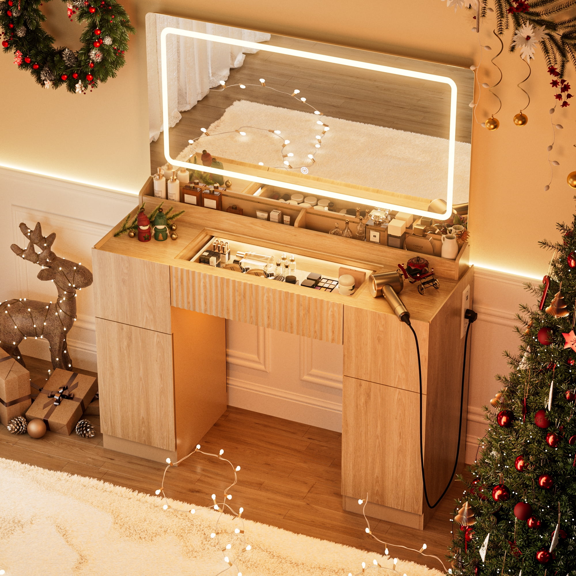 44" Vanity Desk with Mirror and Lights, Glass Top with RGB Lighting Makeup Table with Fluted Storage Drawer, Cabinet,3 LED Lights Modes, Power Outlet for Bedroom