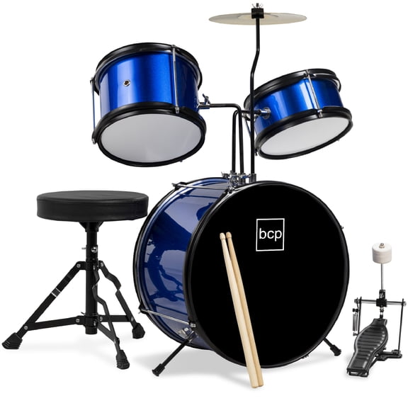 Best Choice Products Kids 3-Piece Beginner Drum Set with Sticks, Cushioned Stool and Drum Pedal - Blue/Black