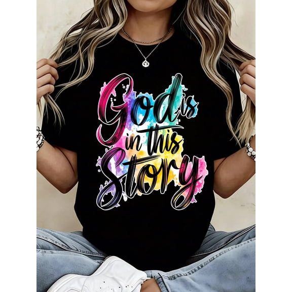 Women's Christian Faith Graphic T-Shirt, God Writes Every Chapter Inspirational Print Crew Neck Short Sleeve Casual Religious Tee, Church Gift for Women
