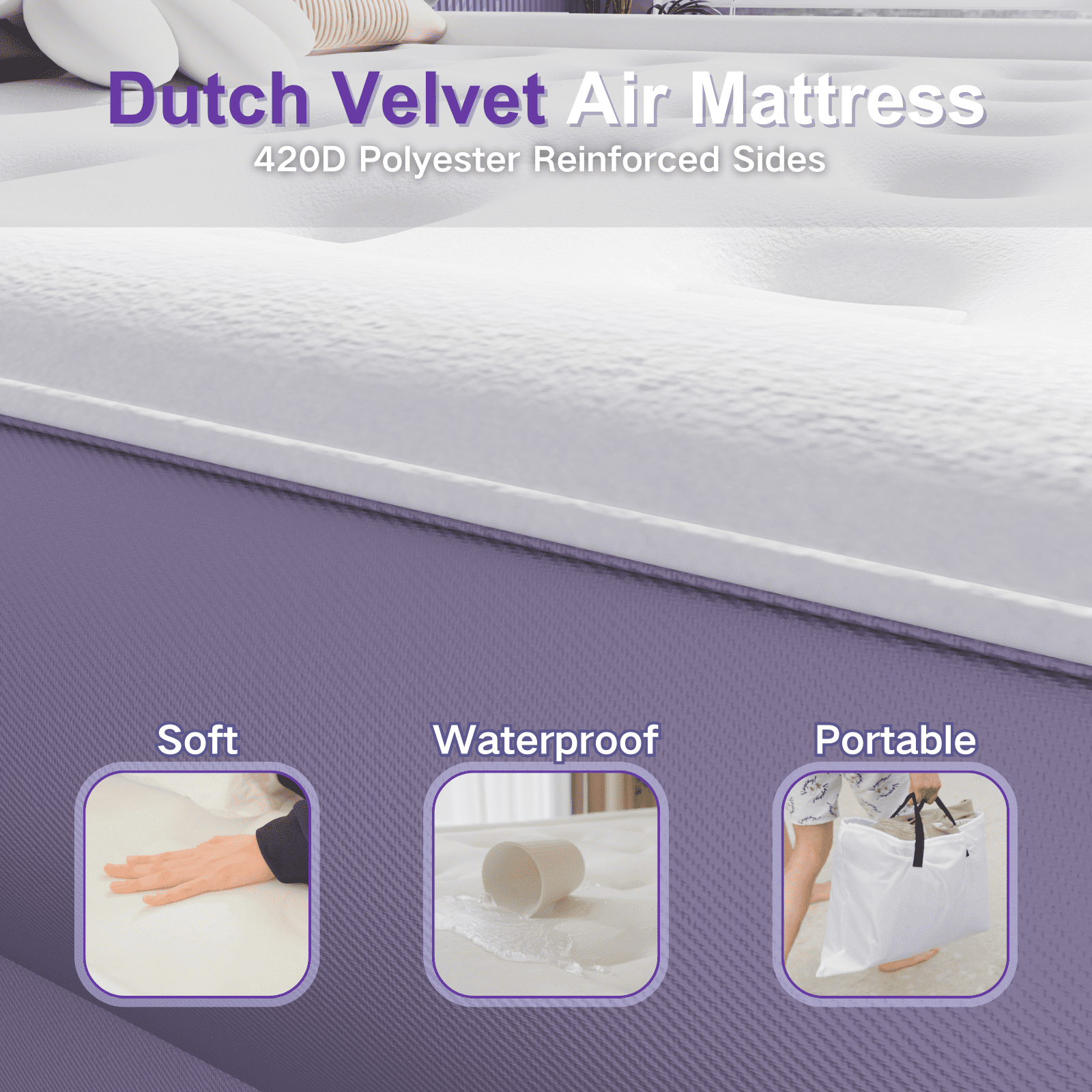 22" Luxury Queen Air Mattress with Built-In Battery Pump,Heavy-Duty Waterproof Veltex Surface for Indoor/Outdoor Use,Portable Inflatable Camping Bed & Guest Bed(Lavender Purple)