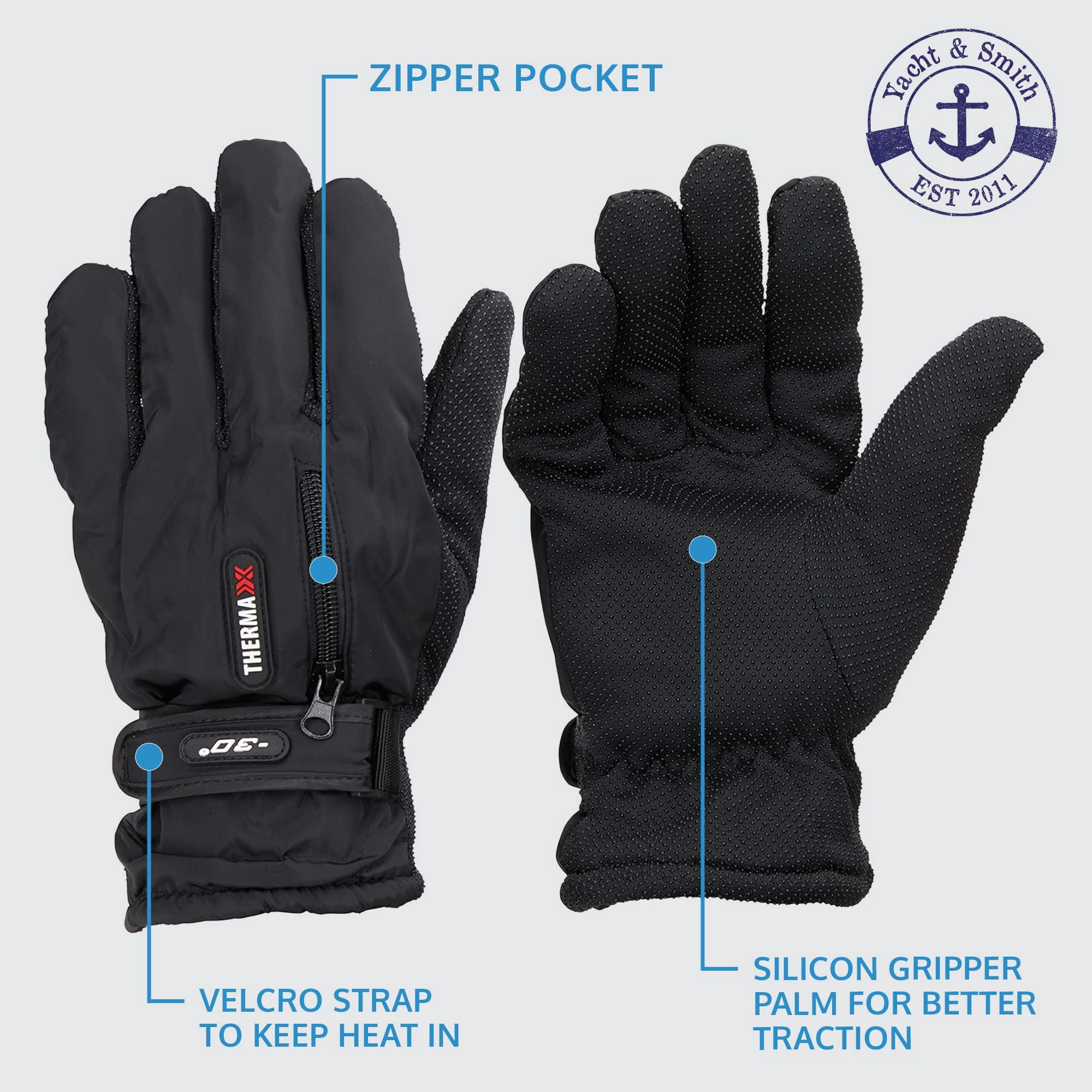 Yacht & Smith 6 Pairs of Mens Winter Fleece Lined Heavy Duty Winter Ski Gloves, Rubber Gripper, Velcro Strap, Bulk