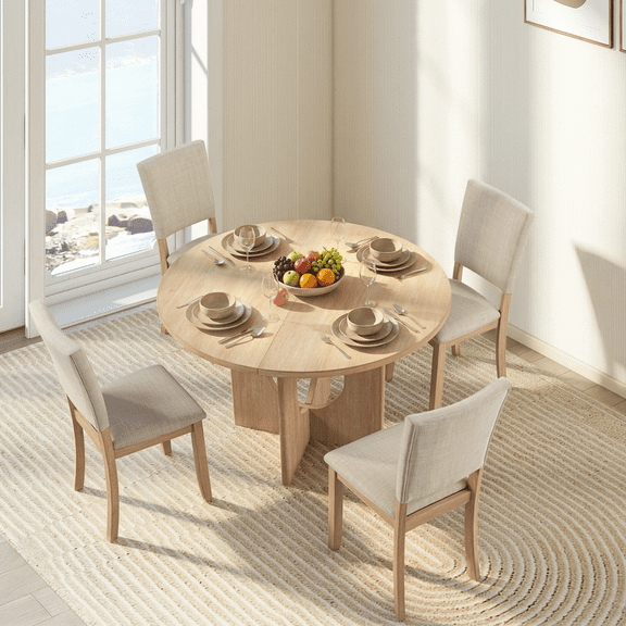 Aukfa Farmhouse Wood Light Oak Upholstered Round Dining Set, 5-Piece